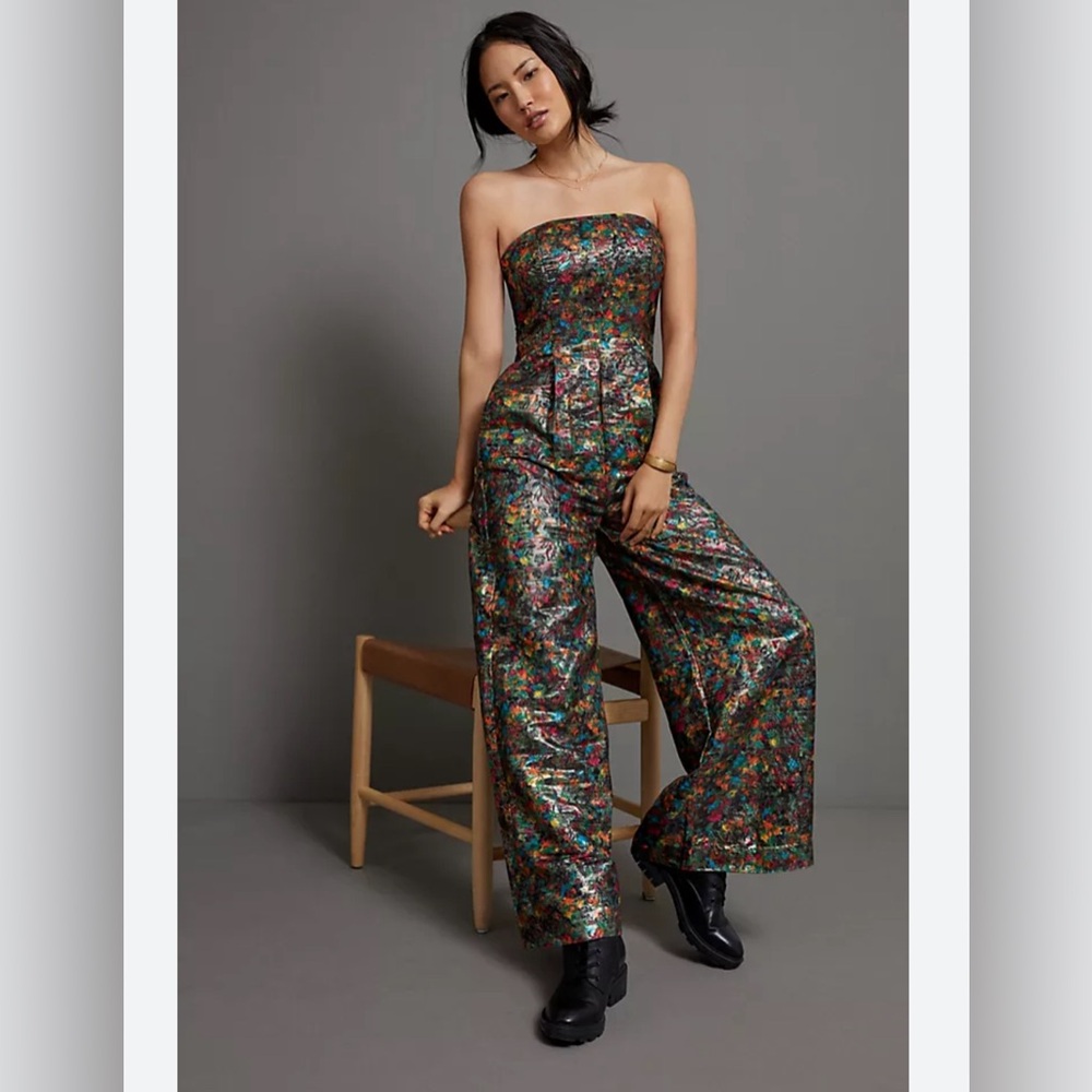 Anthropologie Samantha Shimmer Metallic Pleated Strapless WideLeg Jumpsuit 6 NWT